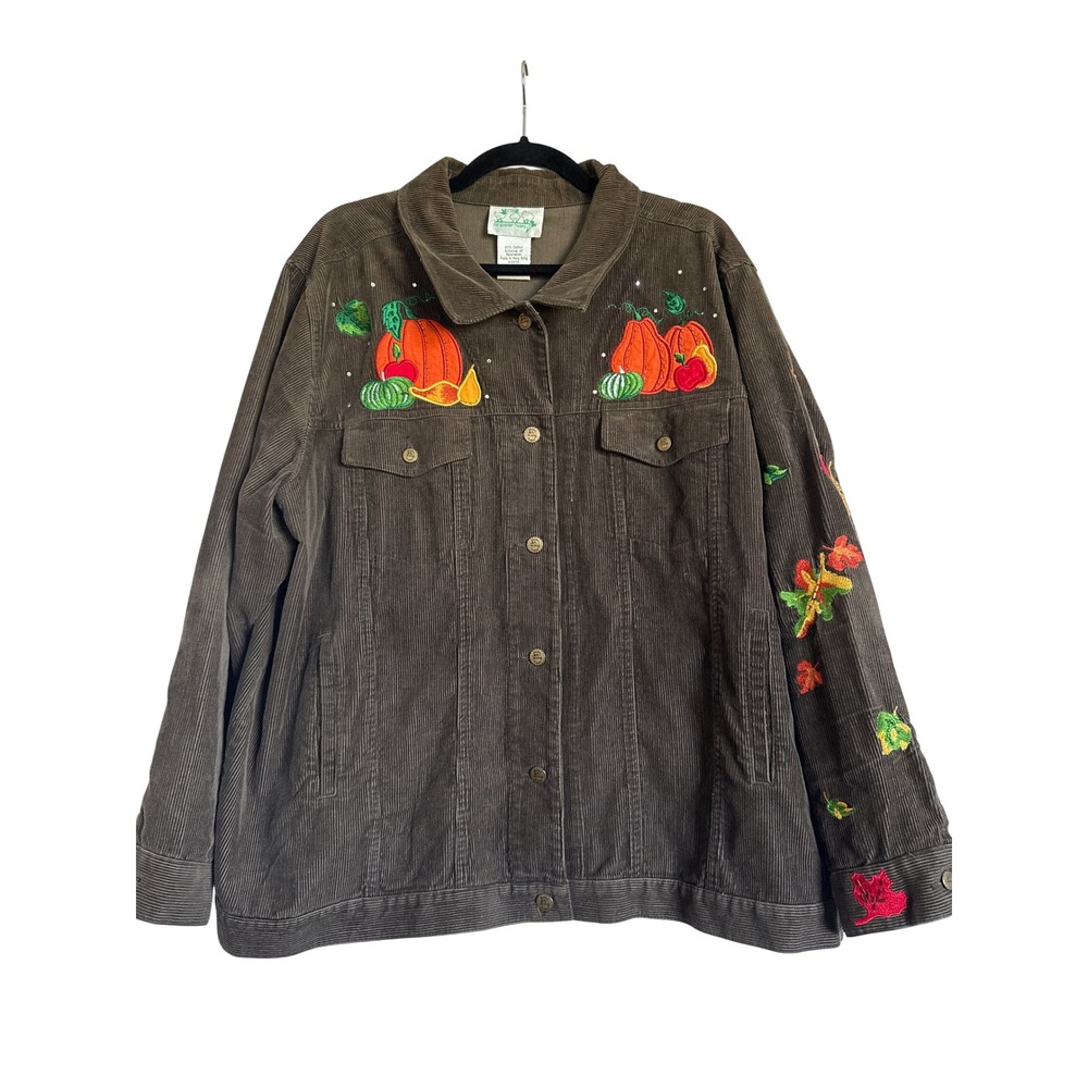 Mushroom Cottage Core The Quacker Factory Vtg. Corduroy Embroidered‎ Jacket 2X